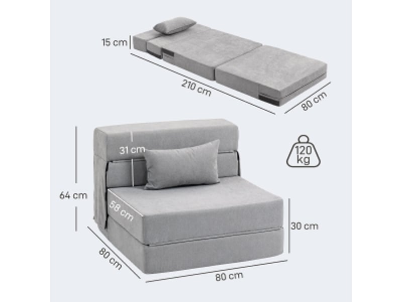 Fauteuil de sol convertible gris clair, canapé en mousse haute densité, matelas pliable avec coussin pour petit espace - Conforama C