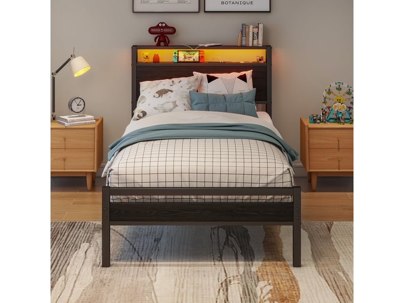  Lit coffre, lit enfant 90x200 cm, tête de lit avec rangement, led, usb, métal et bois noir  - Conforama A
