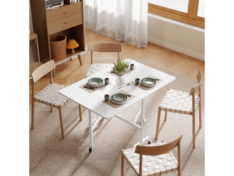  Table de salle à manger pliante pour 4 à 6 personnes avec roulettes et rallonges rabattables, table de cuisine pliante 120 x 80 x 73 cm, blanche  - Conforama D