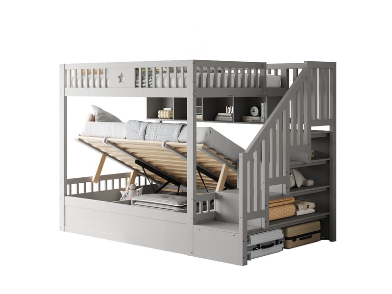  Lit superposé en bois 140*200cm, lit inférieur hydraulique, escalier de rangement, étagères, gris pour ado.  - Conforama A