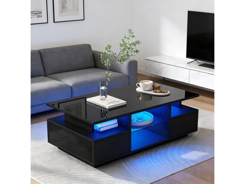  Table basse led - dimensions - éclairage led intégré - surface noire haute brillance - 2 tiroirs pratiques 100x50x36cm - Conforama D
