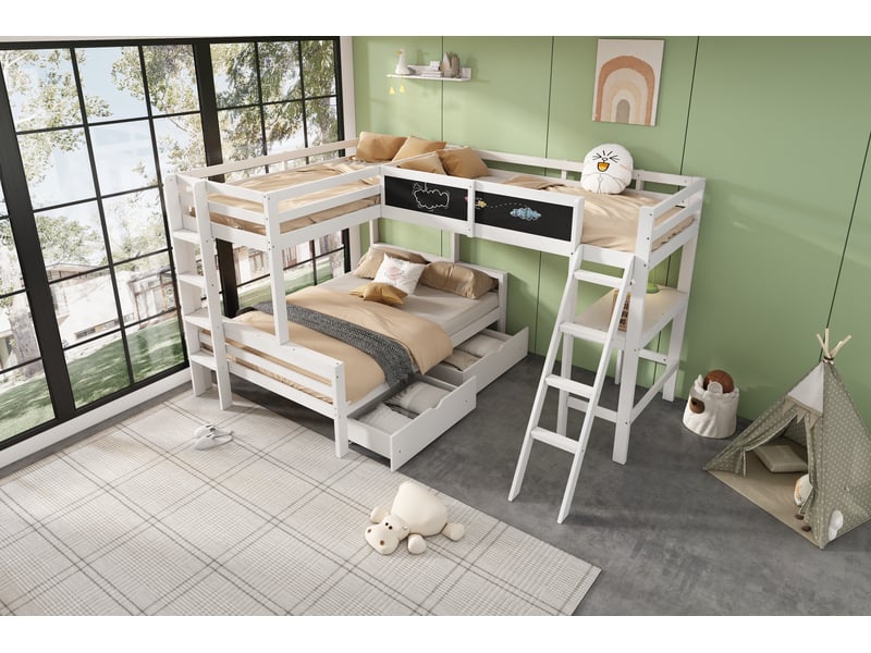  Lit superposé enfant 3 places 140×200 cm et 90×200 cm, tiroirs et bureau  - sans matelas blanc et chêne  - Conforama E