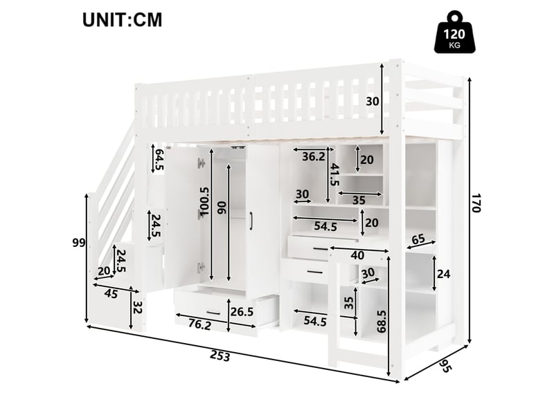  Lit mezzanine, 90x200 cm, rangement, tiroirs, avec armoire, avec bureau, matelas non inclus, bois et mdf, coloris blanc  - Conforama C