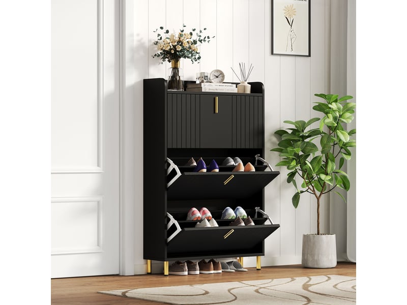  Meuble à chaussures avec 3 portes abattantes et étagères réglables, pour entrée, en mdf, 80×23×125 cm, noir - uvrion  - Conforama C