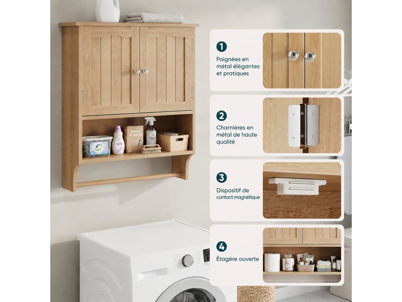  Armoire murale de salle de bain 2 portes avec porte-serviettes, 60 × 20 × 70 cm, effet chêne clair  - Conforama B