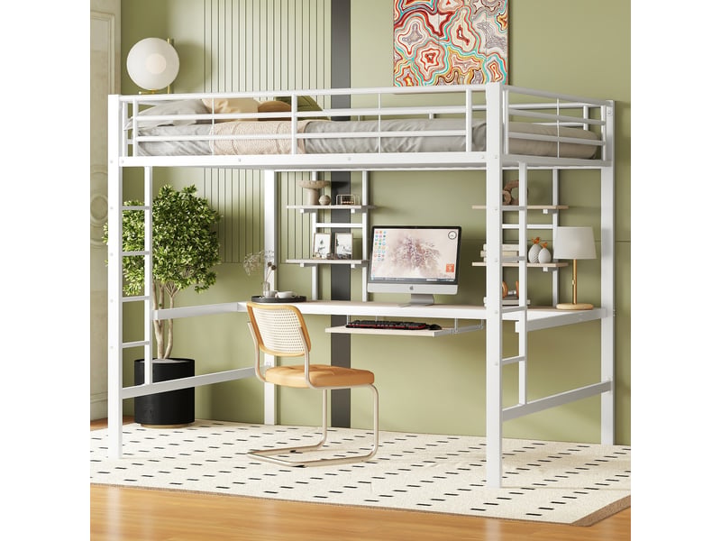  Lit mezzanine 140*200 cm, blanc, structure métal, bureau, deux étagères, sécurité enfant solide, pour chambre  - Conforama D