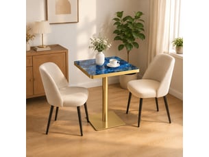 Table à manger carrée,60x60x74 cm,avec piètement métal,mdf,bleu effet marbre