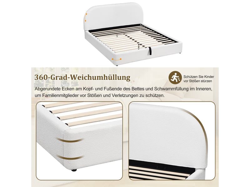  Lit rembourré coffre hydraulique 160x200 cm avec tête de lit capitonnée et rangement-sommier à lattes-bouclé beige  - Conforama D