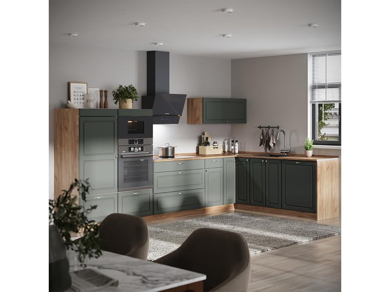 Vicco cuisine en angle, vert or campagnechêne de force doré, 347x60cm, pt anthracite - Conforama C