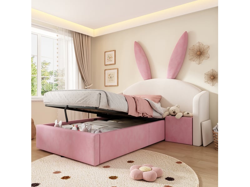  Modenvie lit enfant coffre 90x190 cm - table de chevet modulable et rangement hydraulique, sans matelas - beige et rose  - Conforama D