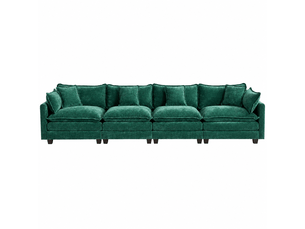 Canapé droit modulable 4 places 380 × 75 × 84 cm en chenille vert, coussins rembourrés