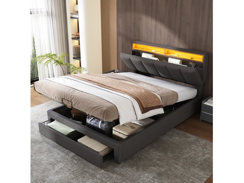  Lit double avec rangement et éclairage led gris 140 x 200 cm  - Conforama B