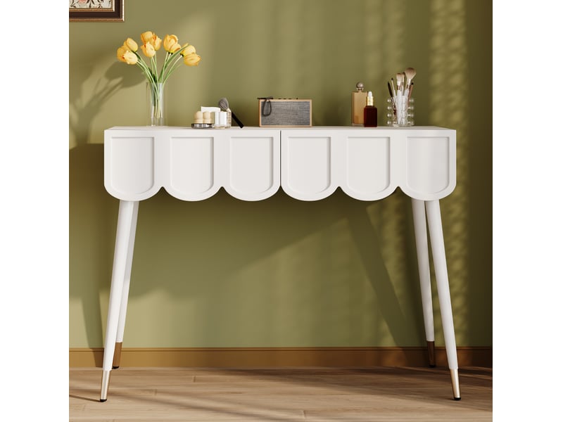 Coiffeuse élégante 100x40x76 cm avec 2 tiroirs, meuble de chambre, style moderne, gain de place, pieds métal, mdf blanc  - Conforama D