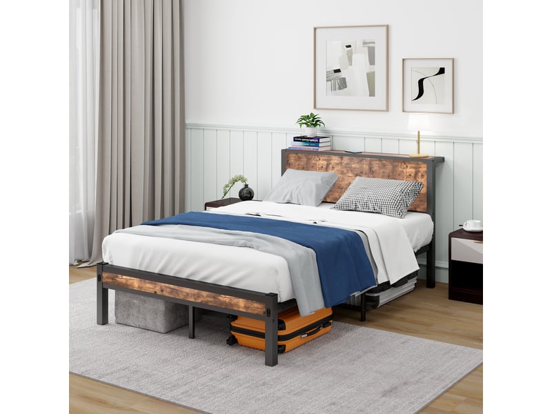  Lit simple 120×200 cm avec tête de lit et rangement - okmyhome- sans matelas, mdf et métal, brun antique  - Conforama B