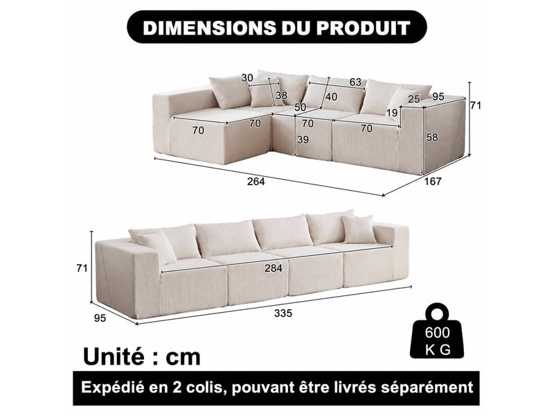  Canapé d’angle, sectionnel en velours côtelé 104, ensemble bas haut de gamme, rembourré, 4 modules, 71x264x167 cm, beige  - Conforama C