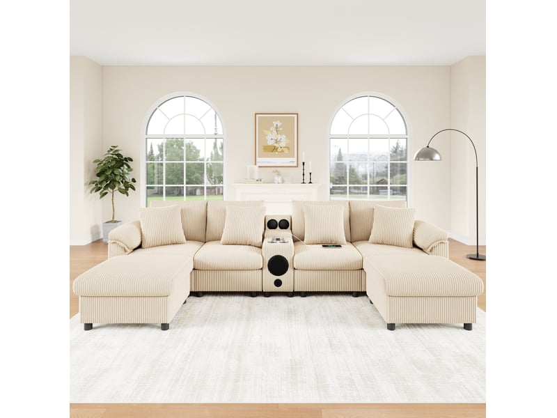 Canapé d'angle modulable 4 à 6 places en velours côtelé beige avec enceinte bluetooth - Conforama D