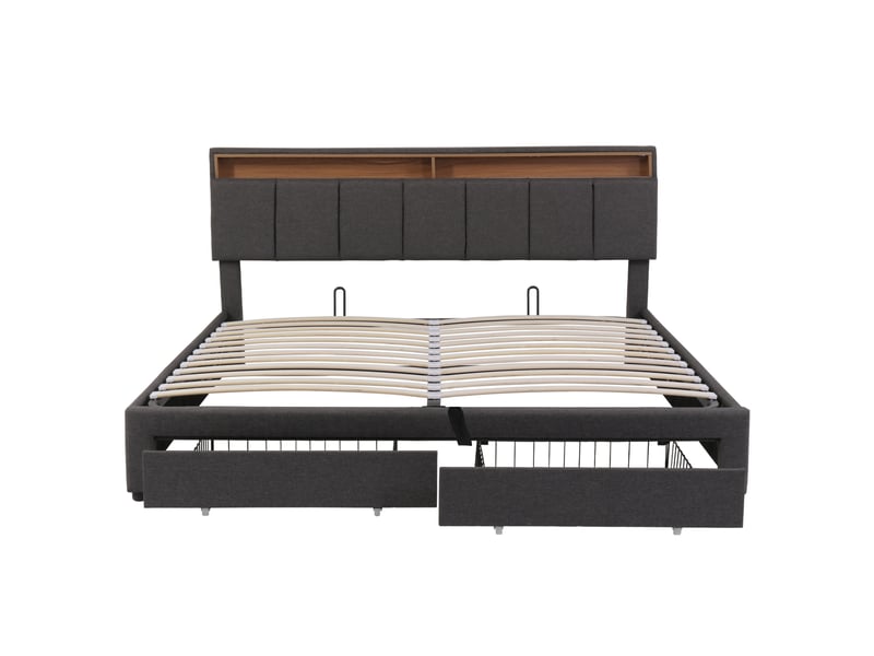 Lit rembourré 160x200 cm avec coffre de rangement hydraulique, tiroirs et compartiments de rangement, revêtement en lin gris, sans matelas - Conforama W