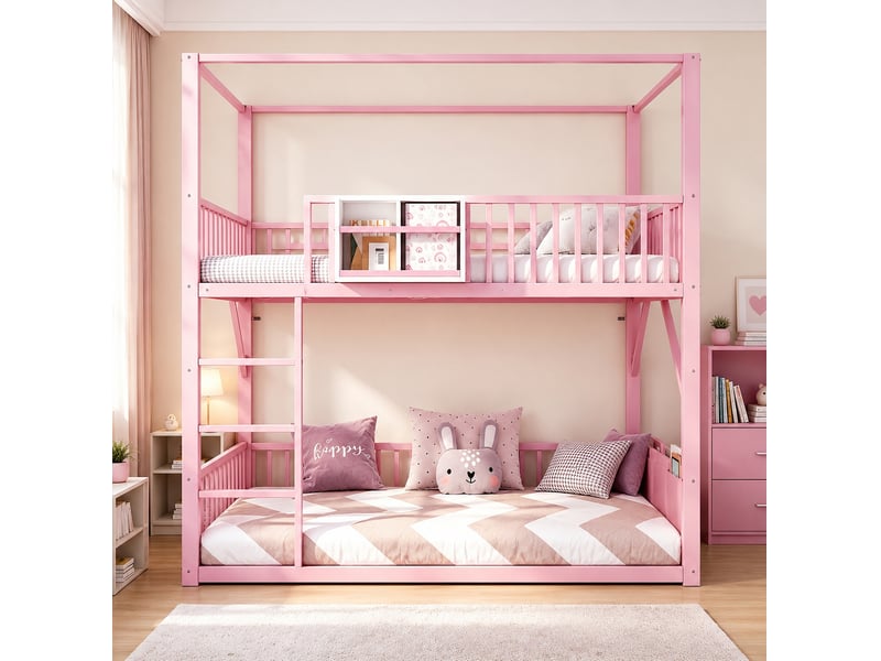  Lit superposé modenvie 90 x 200 cm en métal et mdf rose avec toit et rangements  - Conforama D