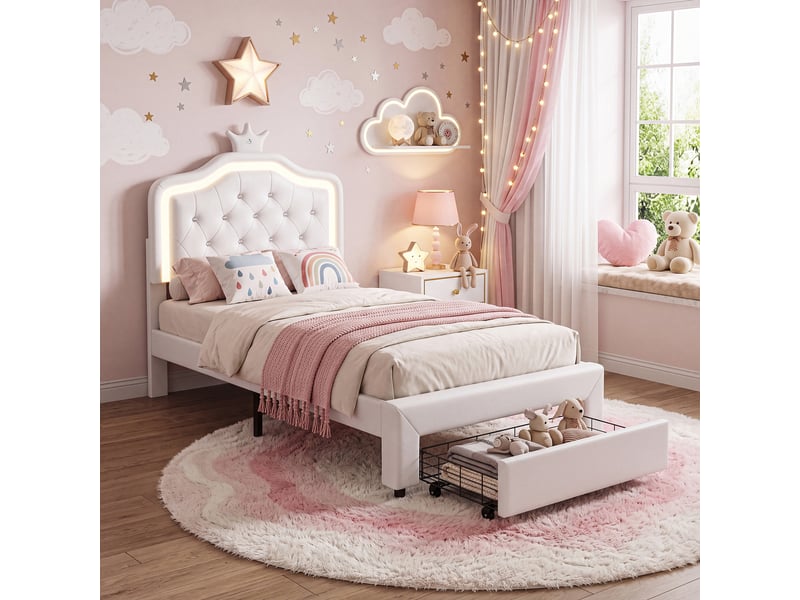 Lit enfant 90x200 cm,tête de lit réglable,éclairage led,tiroirs de rangement,revêtement pu blanc,sommier à lattes pour fille et adolescente - Conforama B