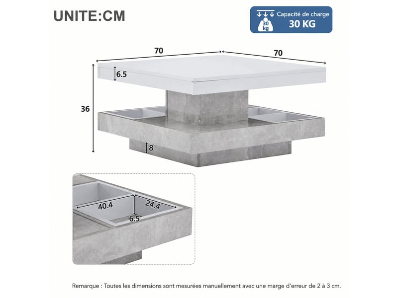  Table basse pivotante à 360° double plateau 70 x 70 cm blanc effet marbre  - Conforama E