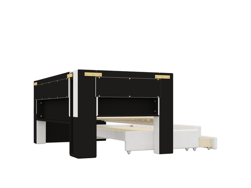  Lit banquette simple 90x200 cm avec lit gigogne, 3 tiroirs, usb et led 7 couleurs, rembourré blanc, sans matelas  - Conforama E