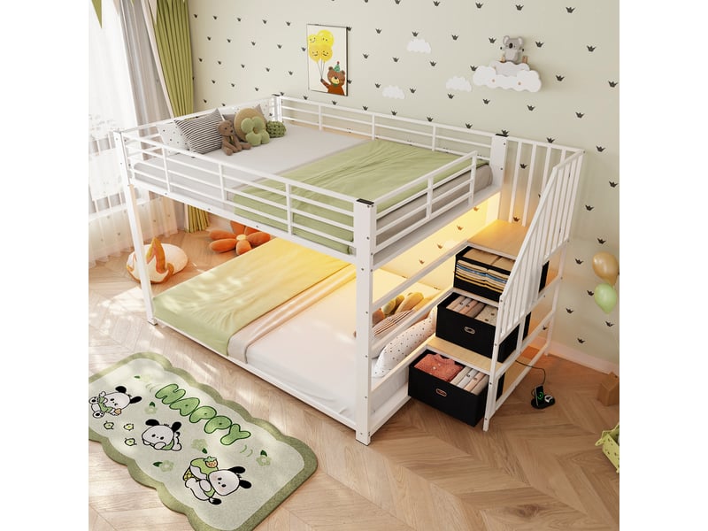 Lit superposé 140x200 cm avec escalier réversible, rangements intégrés, éclairage led et prises usb, structure métal, blanc et noyer OMNIGLINT TRADING LTD - Conforama D