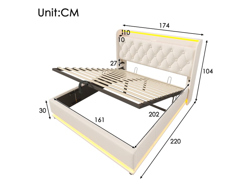  Lit coffre 160x200 cm avec led 360°, usb type c, pu blanc sans matelas  - Conforama E