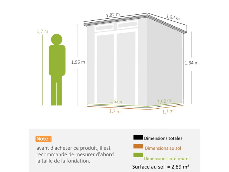  Abri de jardin en résine 3,3 m² avec plancher intégré, double porte, fenêtres, gris  - Conforama E