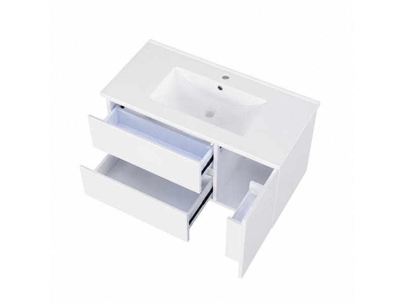 Meuble vasque suspendu blanc 91,5 cm avec 2 tiroirs, vasque en céramique et éclairage led - Conforama A