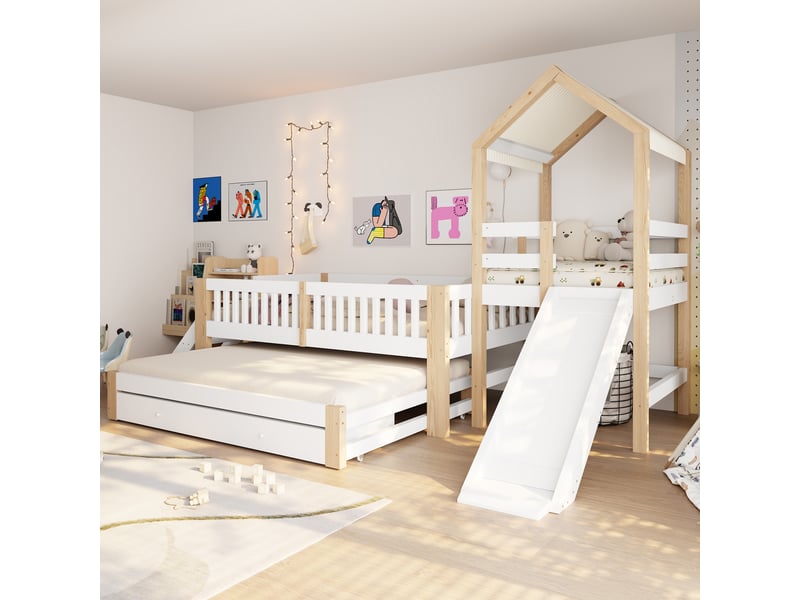 Lit gigogne 90x190 cm - lit cabane enfant 90x200 cm avec toboggan - escalier, tiroirs et toit en tissu - blanc - Conforama D