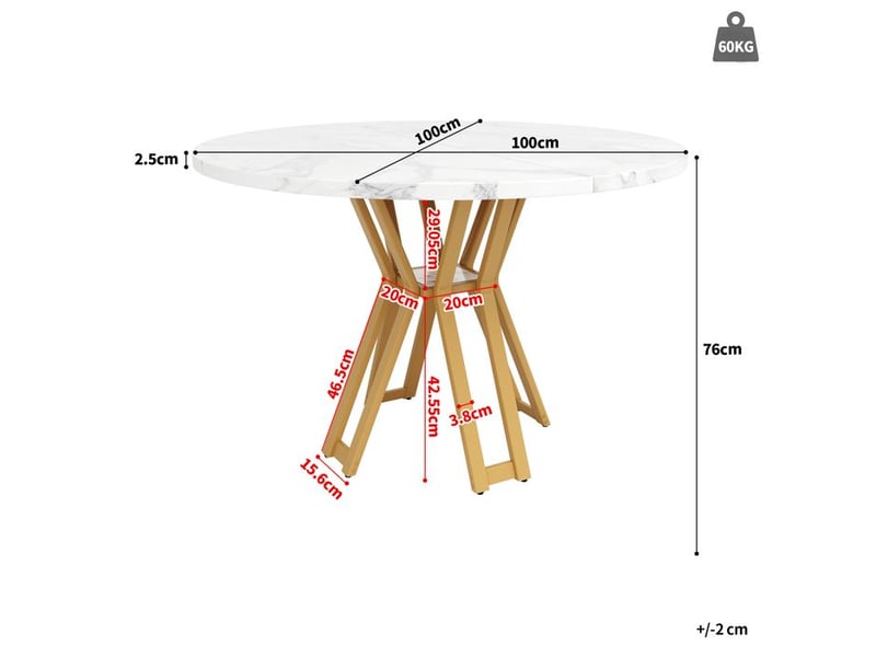  Table à manger ronde - truxen8 - pieds dorés - plateau marbré mdf 100x100x76cm - Conforama E