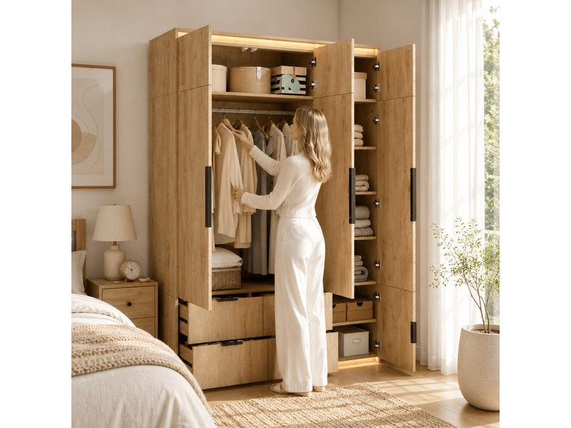  Armoire 7 porte(s) 4 tiroir(s) coloris naturel largeur 135 cm avec miroir led mdf  - Conforama B