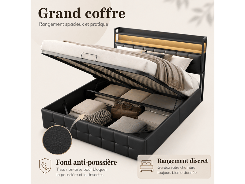  Lit coffre double 140x190cm avec  led et prise usb tpye c - rangement de chevet et tête de lit rembourré- hydraulique - lit adulte 2 personnes - pu - noir - lit capitonné, lit 2 places, cadre de lit, lit ado, sommier à lattes, c…  - Conforama R