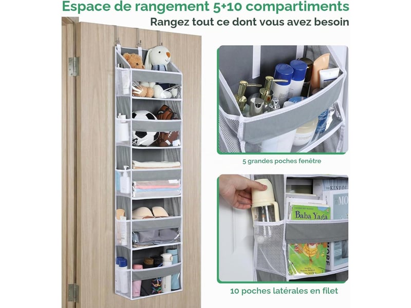  Organisateur de rangement suspendu pour porte (140 x 39 x 17 cm) avec 10 poches latérales et 3 crochets métalliques, gris - ysk0006159sjy YSK0006159SJY - Conforama D