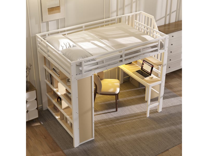 Lit mezzanine avec bureau et rangements, éclairage led, structure métal et mdf, couchage 140 x 200 cm, blanc - Conforama B