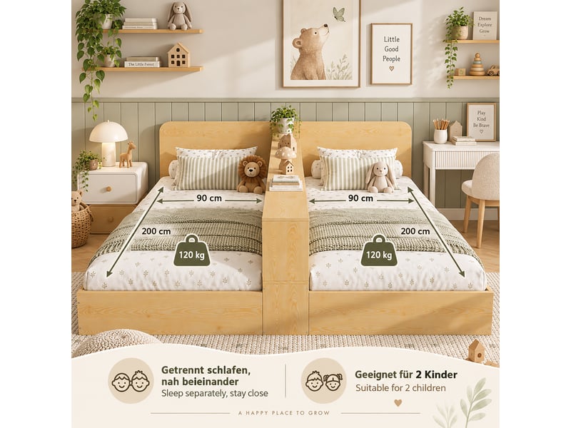 Lit enfant 2 places 90x200 cm, séparation centrale, deux espaces couchage, rangements latéraux intégrés, bois naturel - naturel - Conforama E