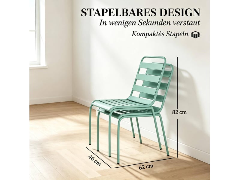  Lot de 2 chaises de jardin empilables en acier vert, pieds réglables pour terrasse, résistantes aux intempéries  - Conforama C