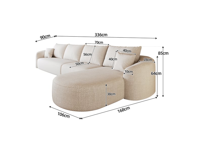  Canapé d'angle tcqpz en l 336 x 168 x 85 cm 5 places modulaire compressé sans montage tissu chenille blanc  - Conforama C