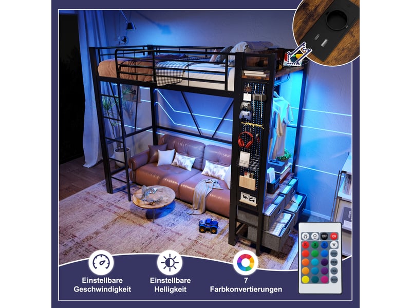  Lit mezzanine noir 90x200 cm avec 4 tiroirs, étagères, led, usb et type-c  - Conforama B