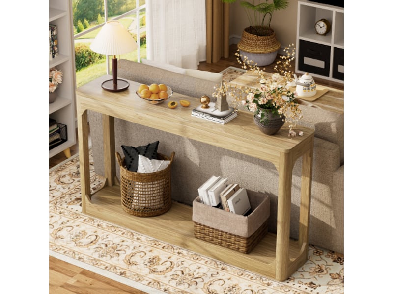 Table d'appoint incurvée 140 cm avec rangement, à 2 niveaux, bois naturel – idéale derrière canapé, entrée et couloir - Conforama E