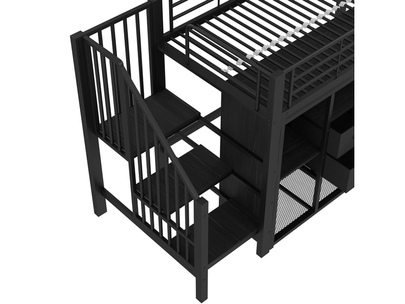 Lit combiné mi-hauteur 90x200 cm 2 tiroirs penderie ouverte led multicolore mdf métal noir sans matelas - Conforama E