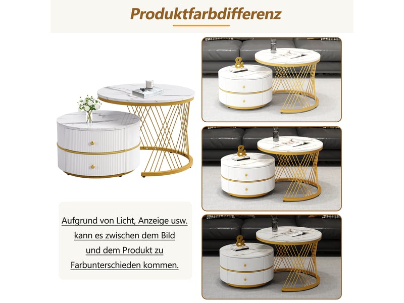  Tables basses gigognes rondes en lot de 2 avec 2 tiroirs, plateau brillant effet marbre, en mdf blanc pour salon  - Conforama E