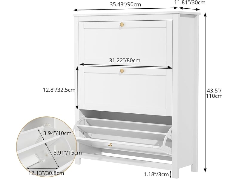 Meuble à chaussures étroit blanc de 90 cm de long avec 3 portes, idéal pour une entrée. Dimensions : 90 x 30 x 110 cm.  - Conforama C