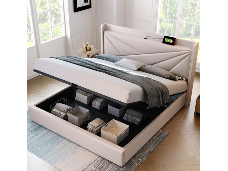  Modenvie lit coffre 140x200 cm - avec matelas, ports usb et usb-c, tête de lit géométrique - beige  - Conforama B