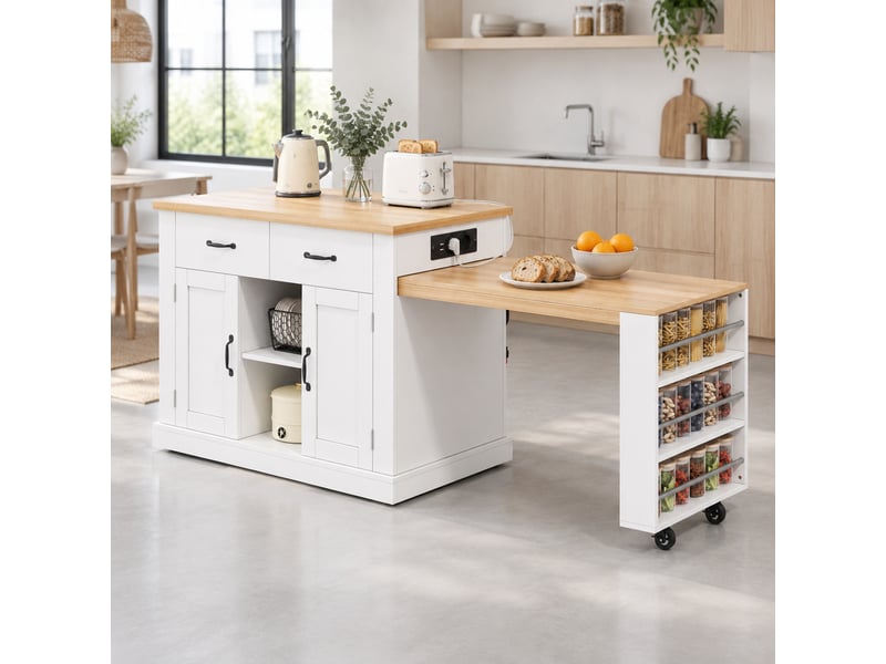 Desserte de cuisine avec table extensible et prises intégrées 132 x 60 x 93 cm evryae - Conforama B