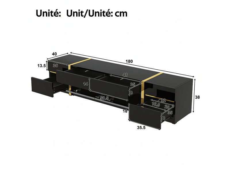  Meuble tv luxueux, finition haute brillance, bordures dorées, avec tiroirs et portes, style moderne, rangement pour salon, 180 cm  - Conforama E