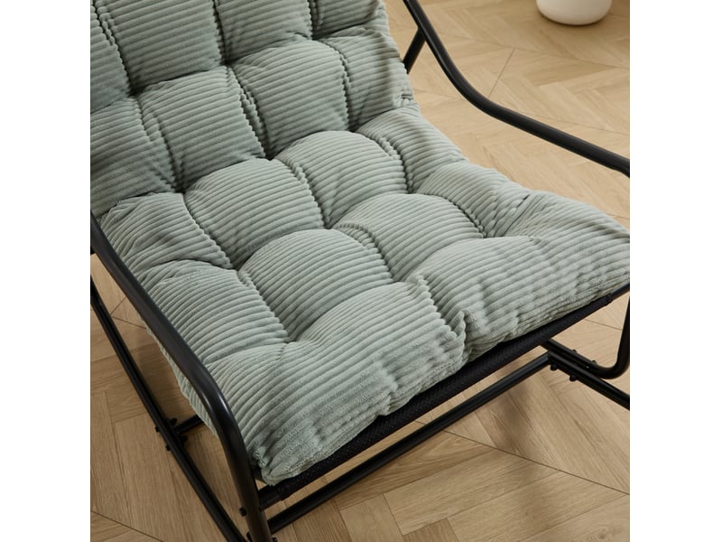Fauteuil à bascule extérieur 75x116x82 cm – vert clair – coussin épais, balancement réglable, structure noire - Conforama E