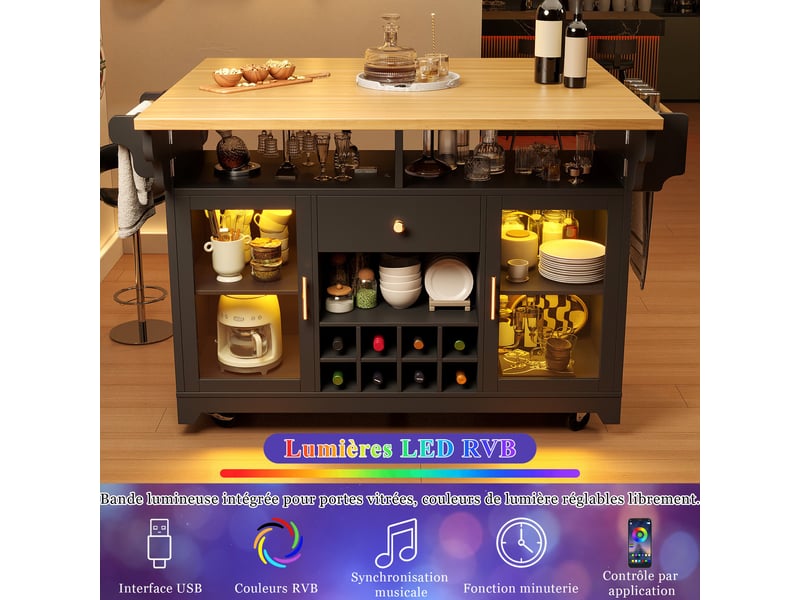 Îlot de cuisine 120 x 4080 x 95 cm, led rgb, plateau rabattable, buffet roulant, 2 portes 1 tiroir, casier à vin, noir - Conforama E