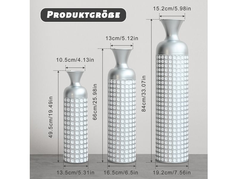 Lot de 3 vases de sol en métal argenté, h 49,5, 66 et 84 cm, motif à pois, pour fleurs séchées - Conforama C