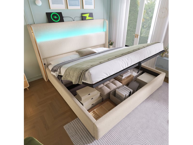 Lit coffre 180 × 200 cm 2 places avec led réglable, usb et type-c, rangement hydraulique, avec matelas, beige  - Conforama C